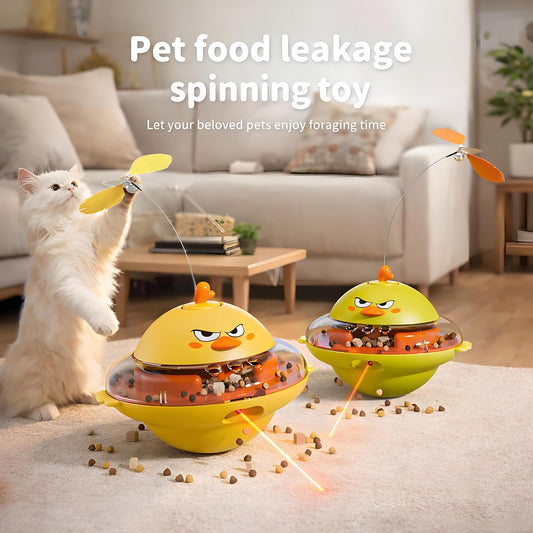 Cat Toy W/Interactive Laser, Spinning Feather & Butterfly Wand | Motion-Activated Chirping, Treat Dispenser, 360° Wobbling Base,Auto-Off, Non-Toxic ABS Toys for Bored Indoor Cats & Kitten