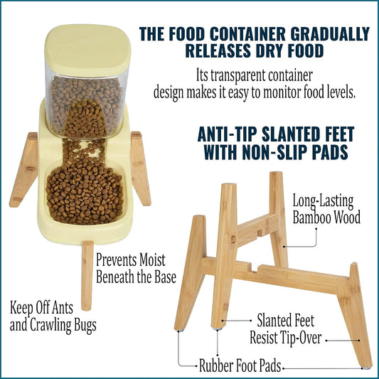 Elevated Dog Food Dispenser with Bamboo Stand for Medium Large Dogs - 4L 1 Gallon Gravity Dog Feeder - Raised Automatic Dog Food Bowl Station - Custom Fit Non Slip anti Tip Non Wooble