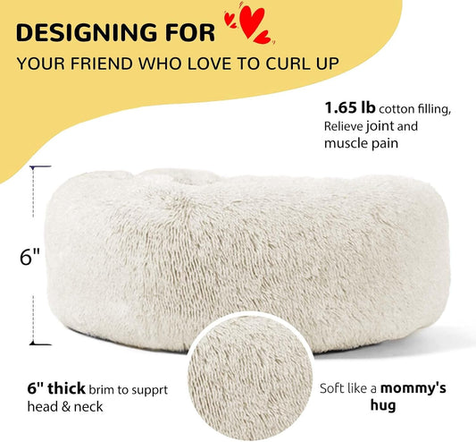 Calming Donut Cuddler Dog Bed, round Fluffy Pet Bed for Small Dogs,Washable, Large, White, 24''