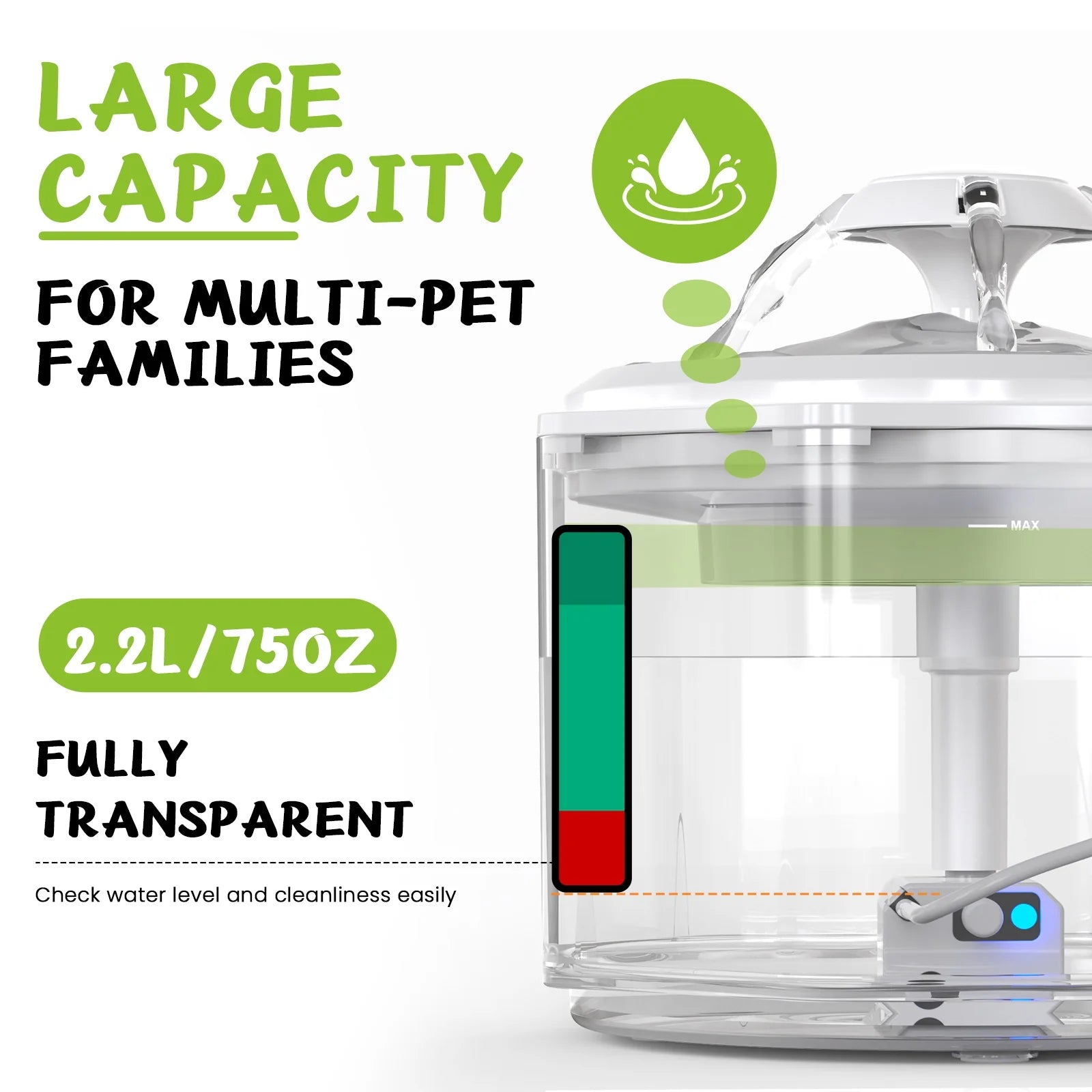 Cat Water Fountain, 75Oz/2.2L Automatic Pet Fountain Dispenser, Smart Pump with LED Light, White
