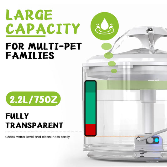 Cat Water Fountain, 75Oz/2.2L Automatic Pet Fountain Dispenser, Smart Pump with LED Light, White