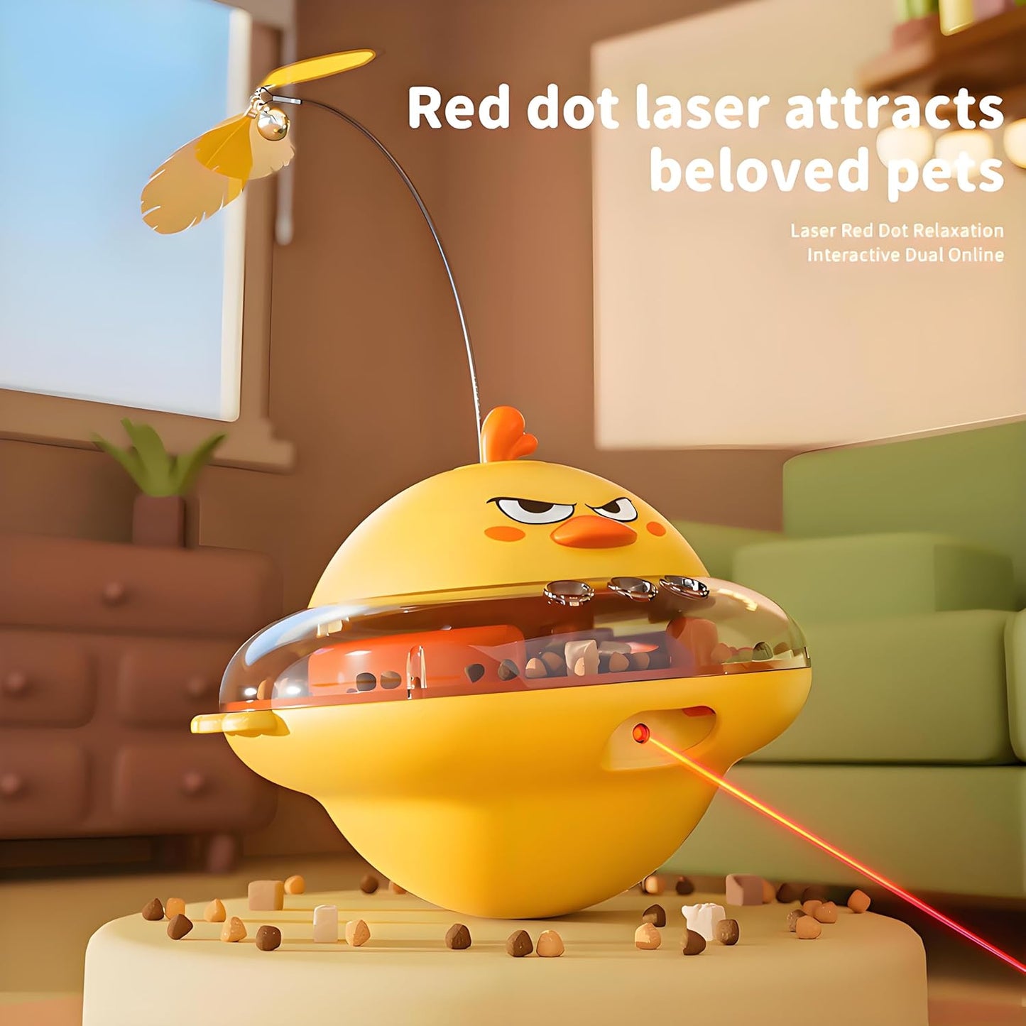 Cat Toy W/Interactive Laser, Spinning Feather & Butterfly Wand | Motion-Activated Chirping, Treat Dispenser, 360° Wobbling Base,Auto-Off, Non-Toxic ABS Toys for Bored Indoor Cats & Kitten