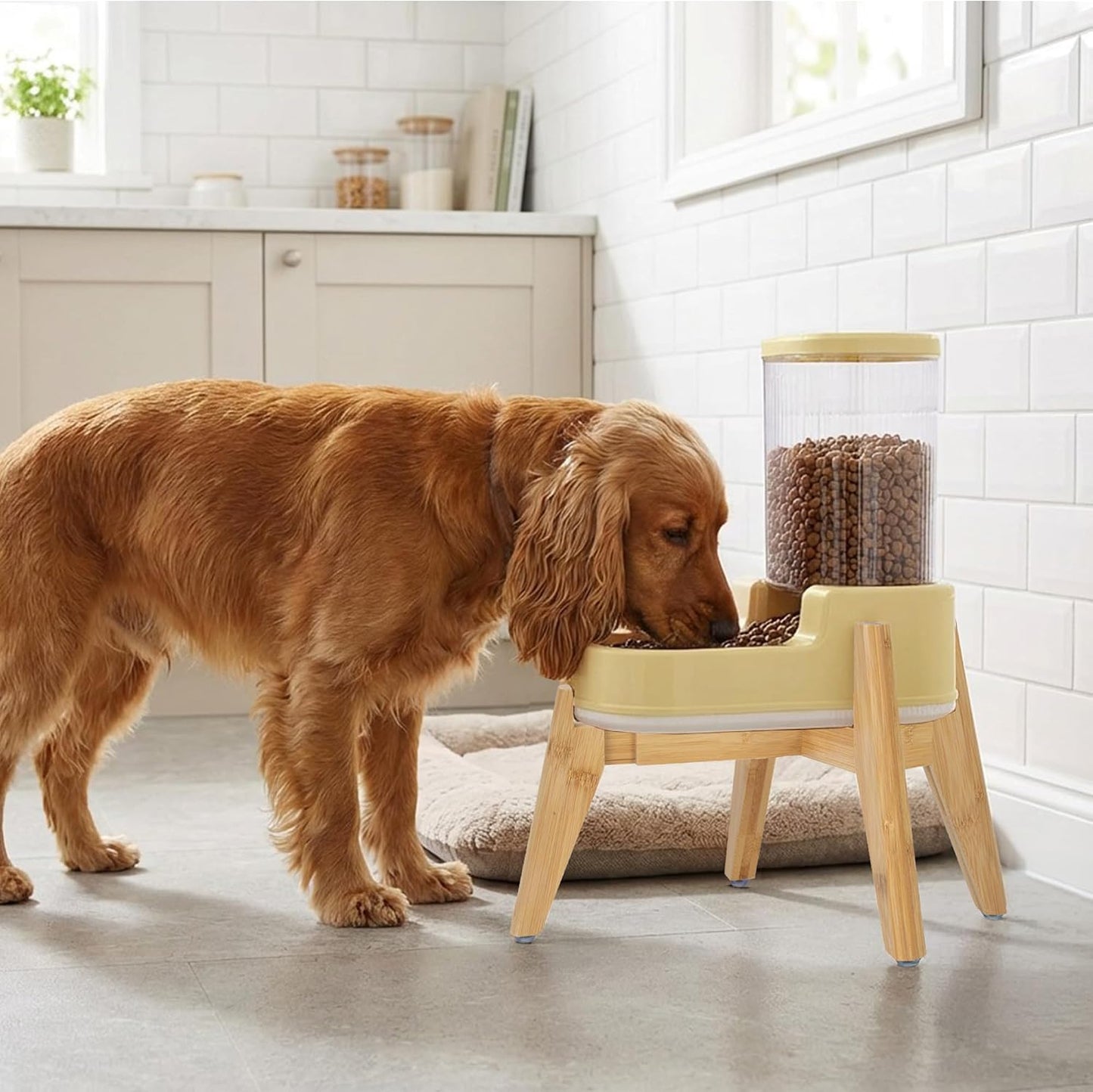 Elevated Dog Food Dispenser with Bamboo Stand for Medium Large Dogs - 4L 1 Gallon Gravity Dog Feeder - Raised Automatic Dog Food Bowl Station - Custom Fit Non Slip anti Tip Non Wooble