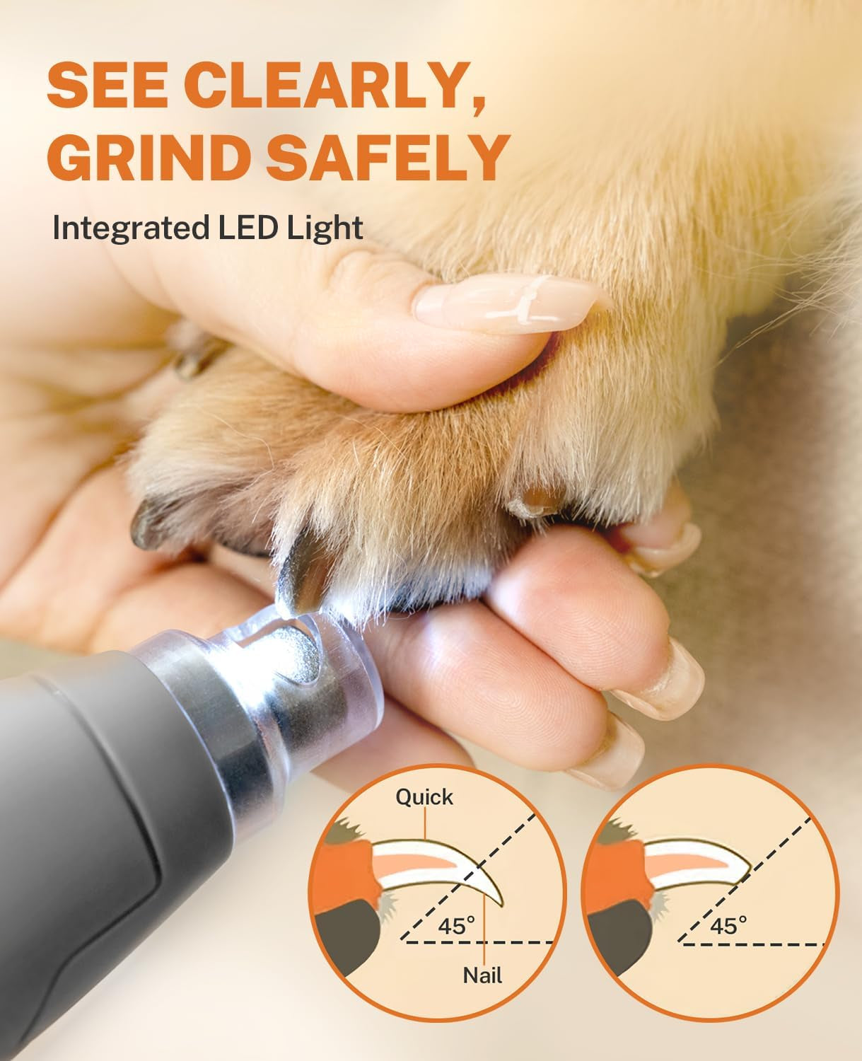 Dog Nail Grinder with LED Light & 3 Speeds — Quiet Rechargeable Electric Pet Nail Trimmer for Small, Medium, Large Dogs and Cats, USB-C Charging