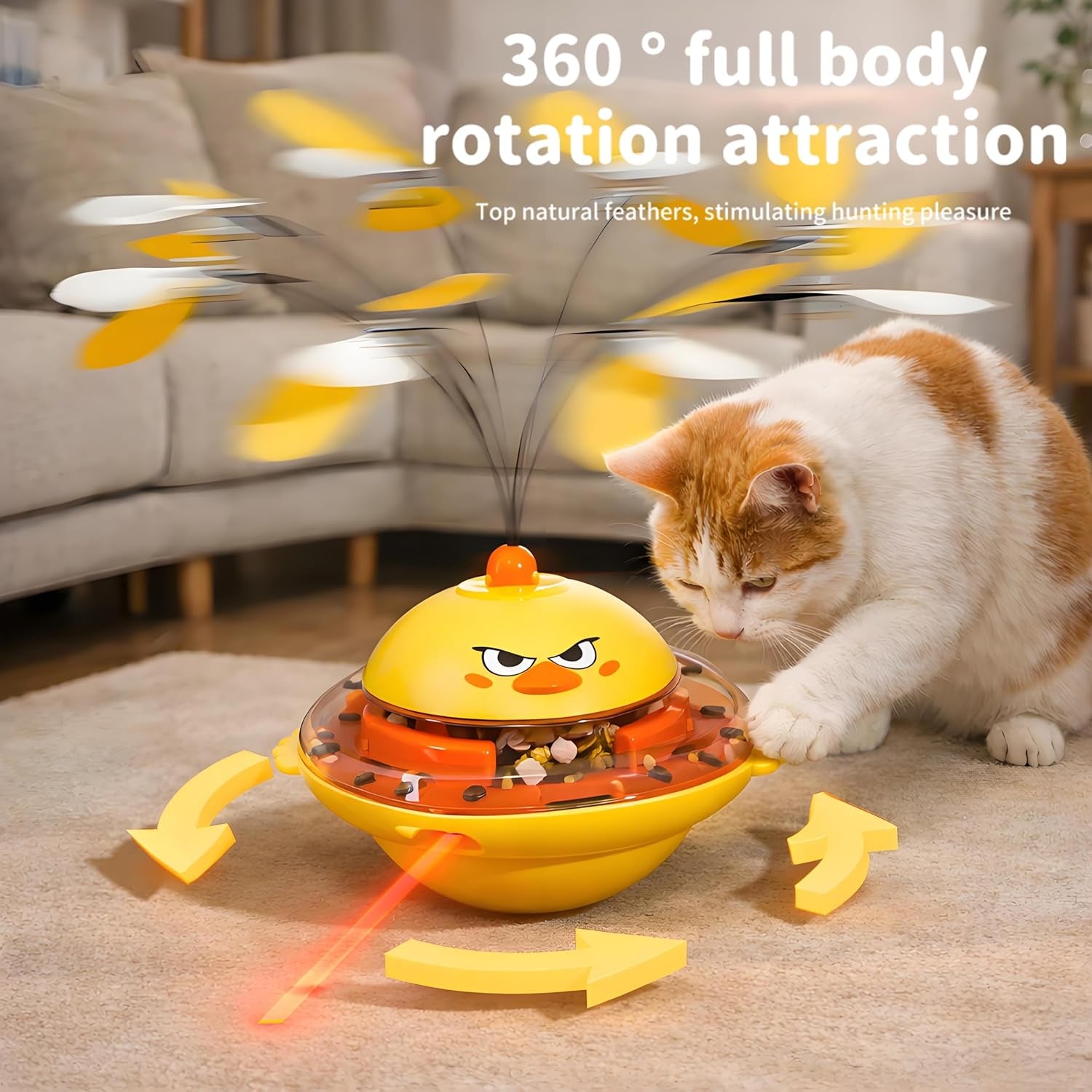 Cat Toy W/Interactive Laser, Spinning Feather & Butterfly Wand | Motion-Activated Chirping, Treat Dispenser, 360° Wobbling Base,Auto-Off, Non-Toxic ABS Toys for Bored Indoor Cats & Kitten