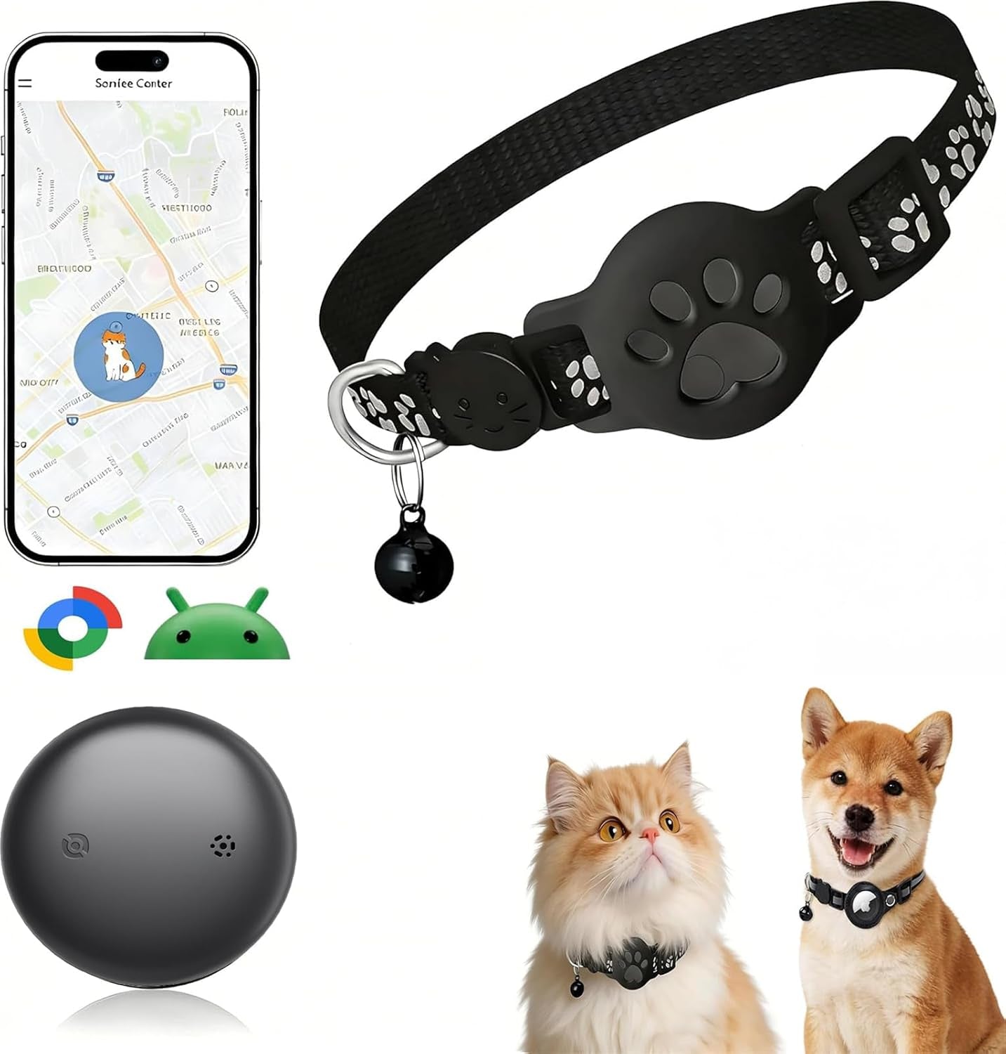 GPS Pet Tracker Collar for Cats & Small Dogs, Lightweight & Waterproof with Safety Buckle, Anti-Loss Tracking, Adjustable Reflective Collar with Bell (Android, Black, 19-26Cm)