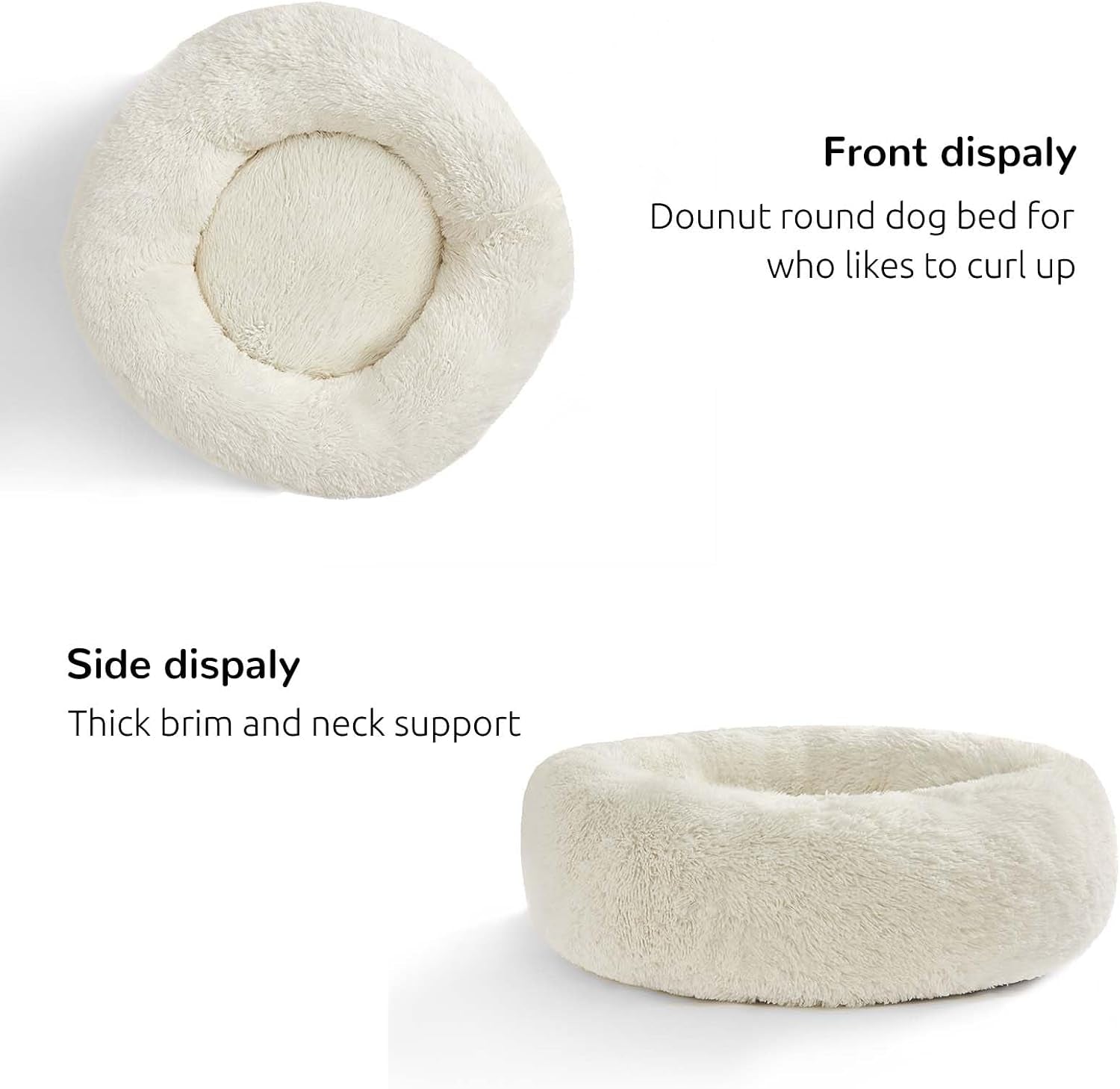 Calming Donut Cuddler Dog Bed, round Fluffy Pet Bed for Small Dogs,Washable, Large, White, 24''