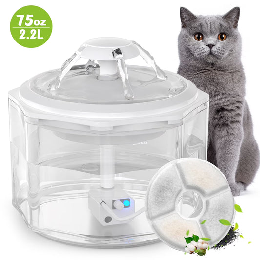 Cat Water Fountain, 75Oz/2.2L Automatic Pet Fountain Dispenser, Smart Pump with LED Light, White