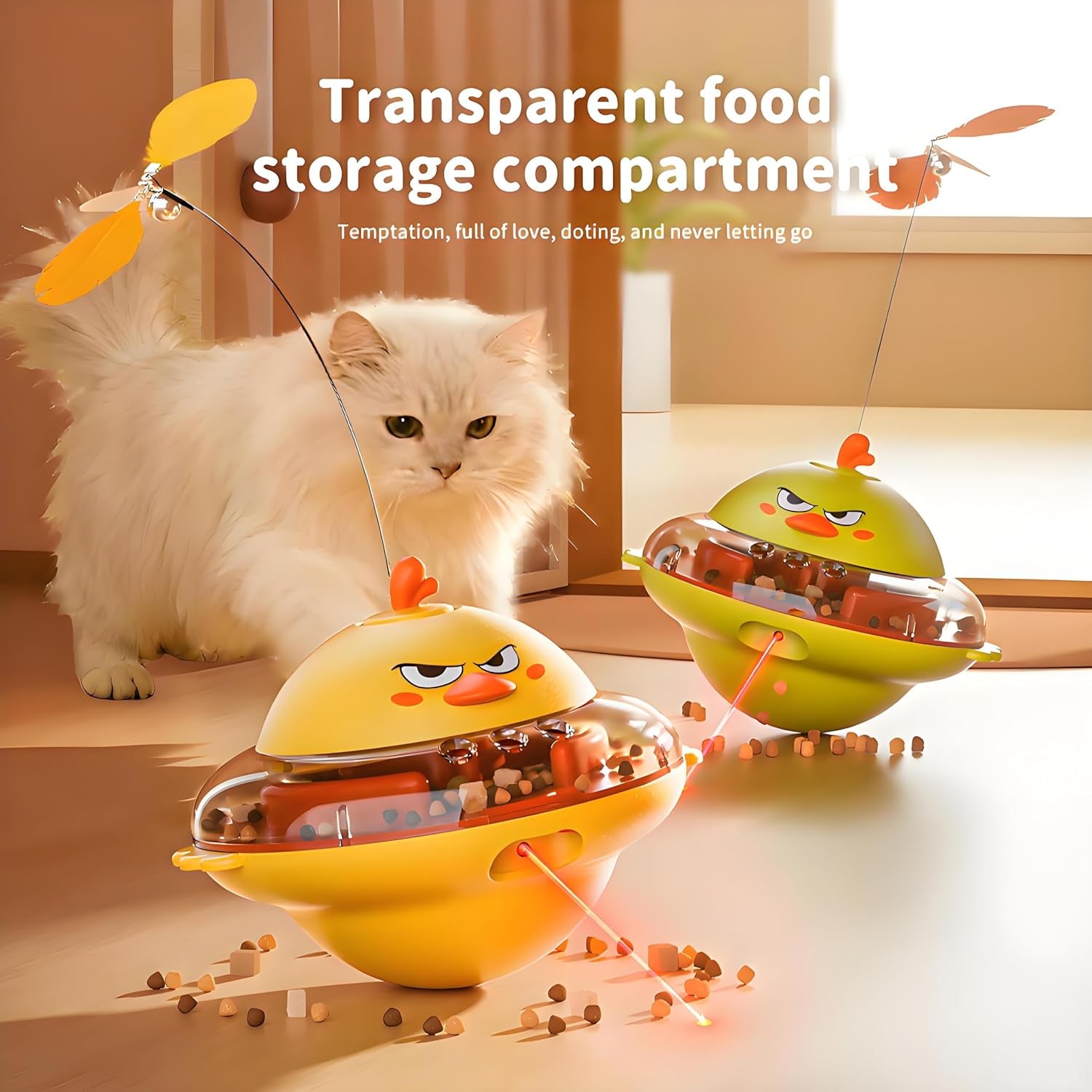 Cat Toy W/Interactive Laser, Spinning Feather & Butterfly Wand | Motion-Activated Chirping, Treat Dispenser, 360° Wobbling Base,Auto-Off, Non-Toxic ABS Toys for Bored Indoor Cats & Kitten