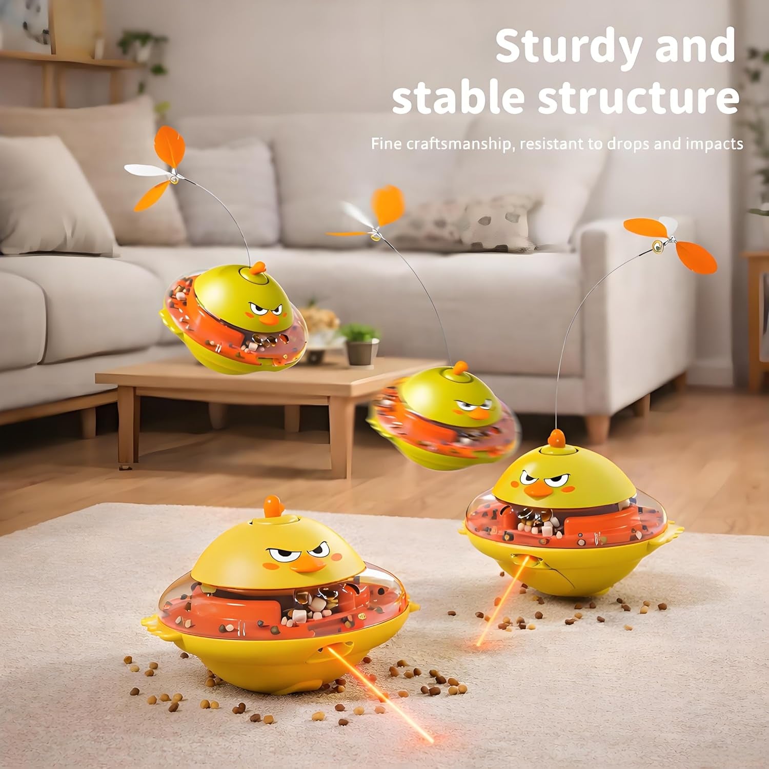 Cat Toy W/Interactive Laser, Spinning Feather & Butterfly Wand | Motion-Activated Chirping, Treat Dispenser, 360° Wobbling Base,Auto-Off, Non-Toxic ABS Toys for Bored Indoor Cats & Kitten