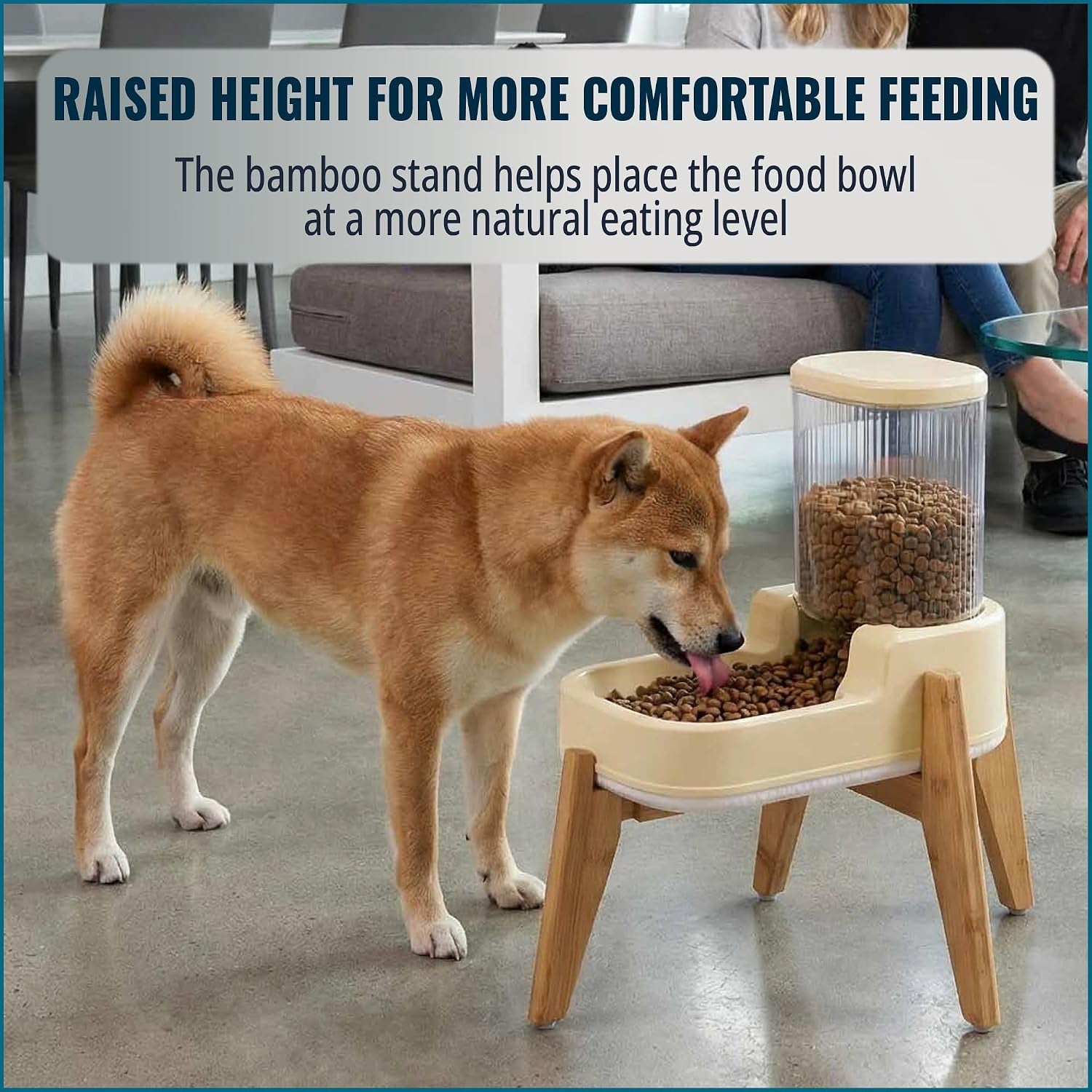 Elevated Dog Food Dispenser with Bamboo Stand for Medium Large Dogs - 4L 1 Gallon Gravity Dog Feeder - Raised Automatic Dog Food Bowl Station - Custom Fit Non Slip anti Tip Non Wooble