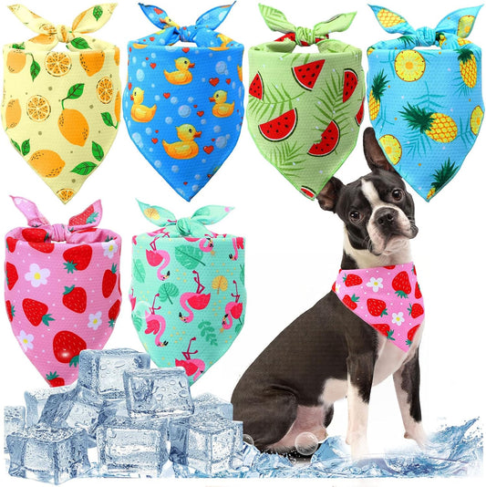 6 Pack Dog Cooling Bandana Summer Triangle Scarfs Bibs with Cute Fruit Pattern Instant Cooling Neck Wraps Breathable Scarf Pet Dog Neck Cooler for Hunting Training Hiking Camping(M)