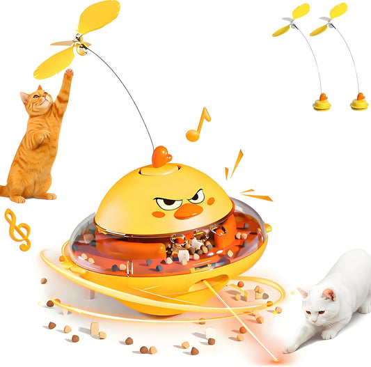 Cat Toy W/Interactive Laser, Spinning Feather & Butterfly Wand | Motion-Activated Chirping, Treat Dispenser, 360° Wobbling Base,Auto-Off, Non-Toxic ABS Toys for Bored Indoor Cats & Kitten