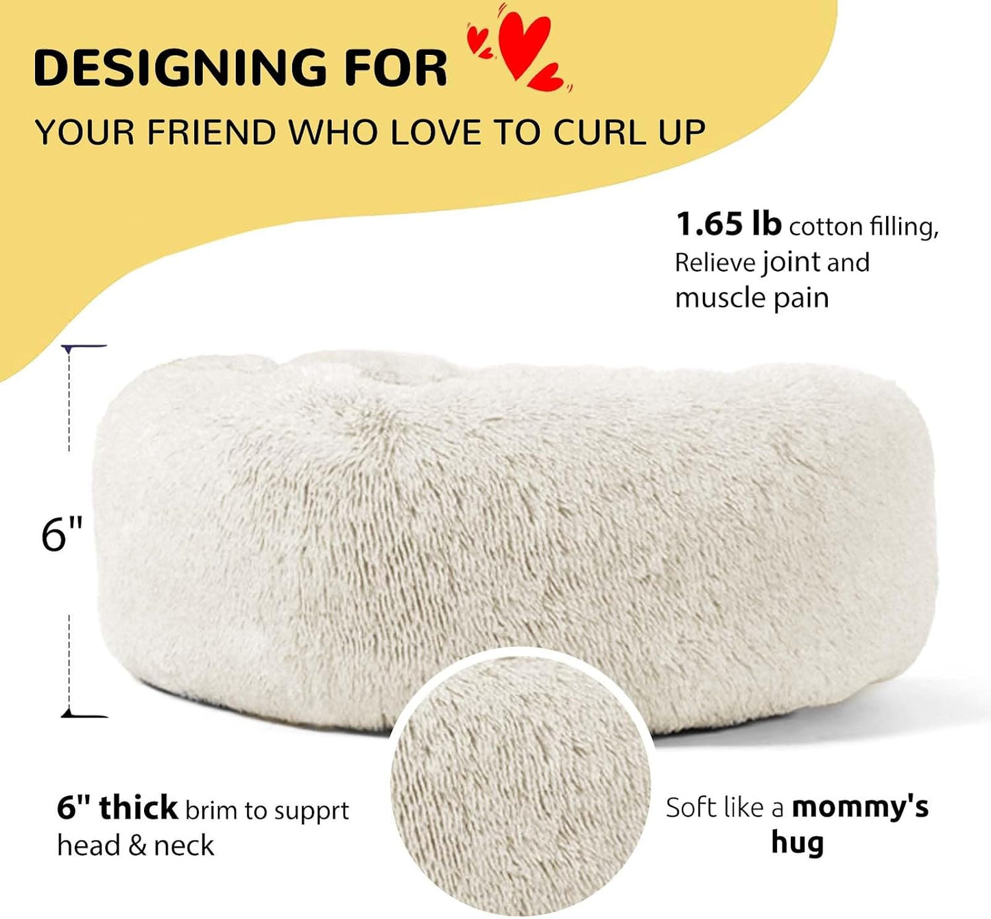 Calming Donut Cuddler Dog Bed, round Fluffy Pet Bed for Small Dogs,Washable, Large, White, 24''