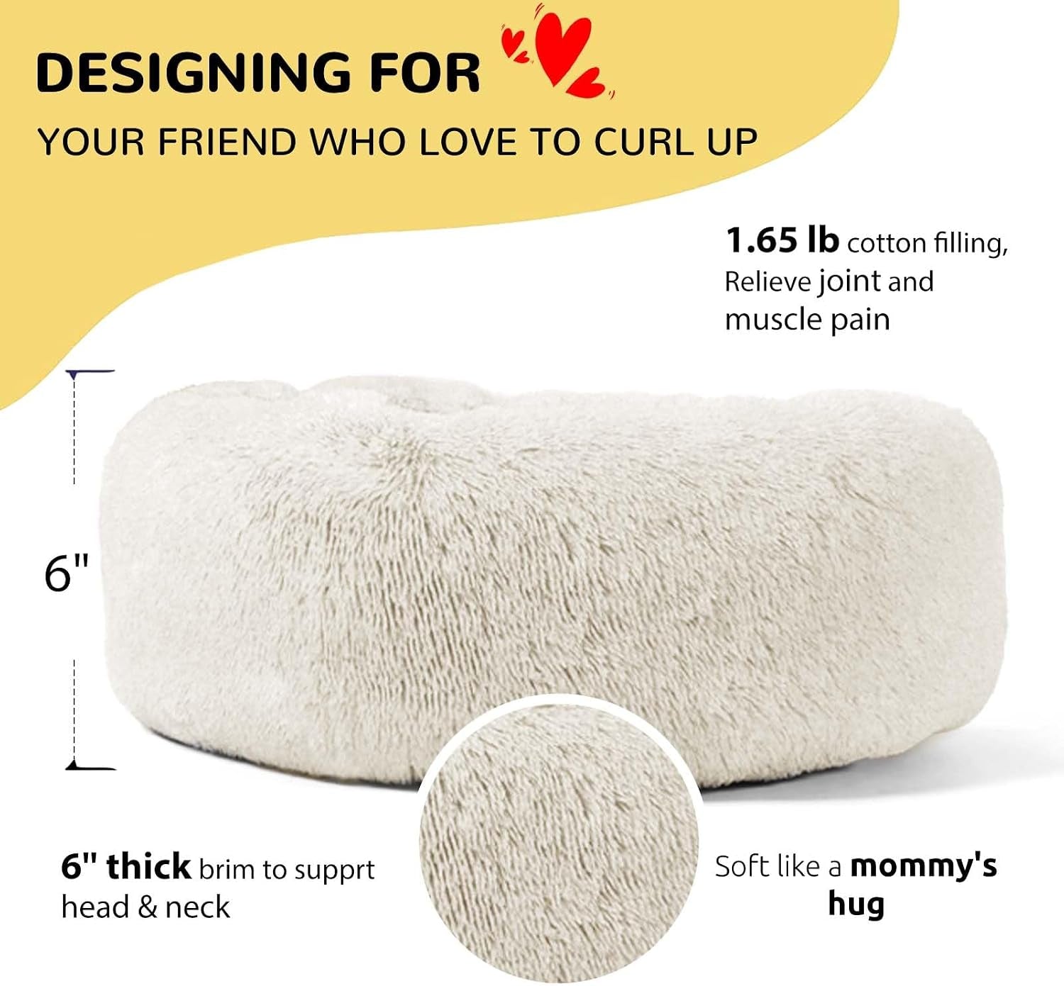 Calming Donut Cuddler Dog Bed, round Fluffy Pet Bed for Small Dogs,Washable, Large, White, 24''