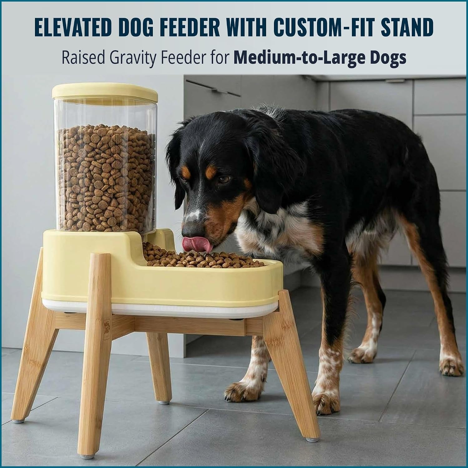 Elevated Dog Food Dispenser with Bamboo Stand for Medium Large Dogs - 4L 1 Gallon Gravity Dog Feeder - Raised Automatic Dog Food Bowl Station - Custom Fit Non Slip anti Tip Non Wooble