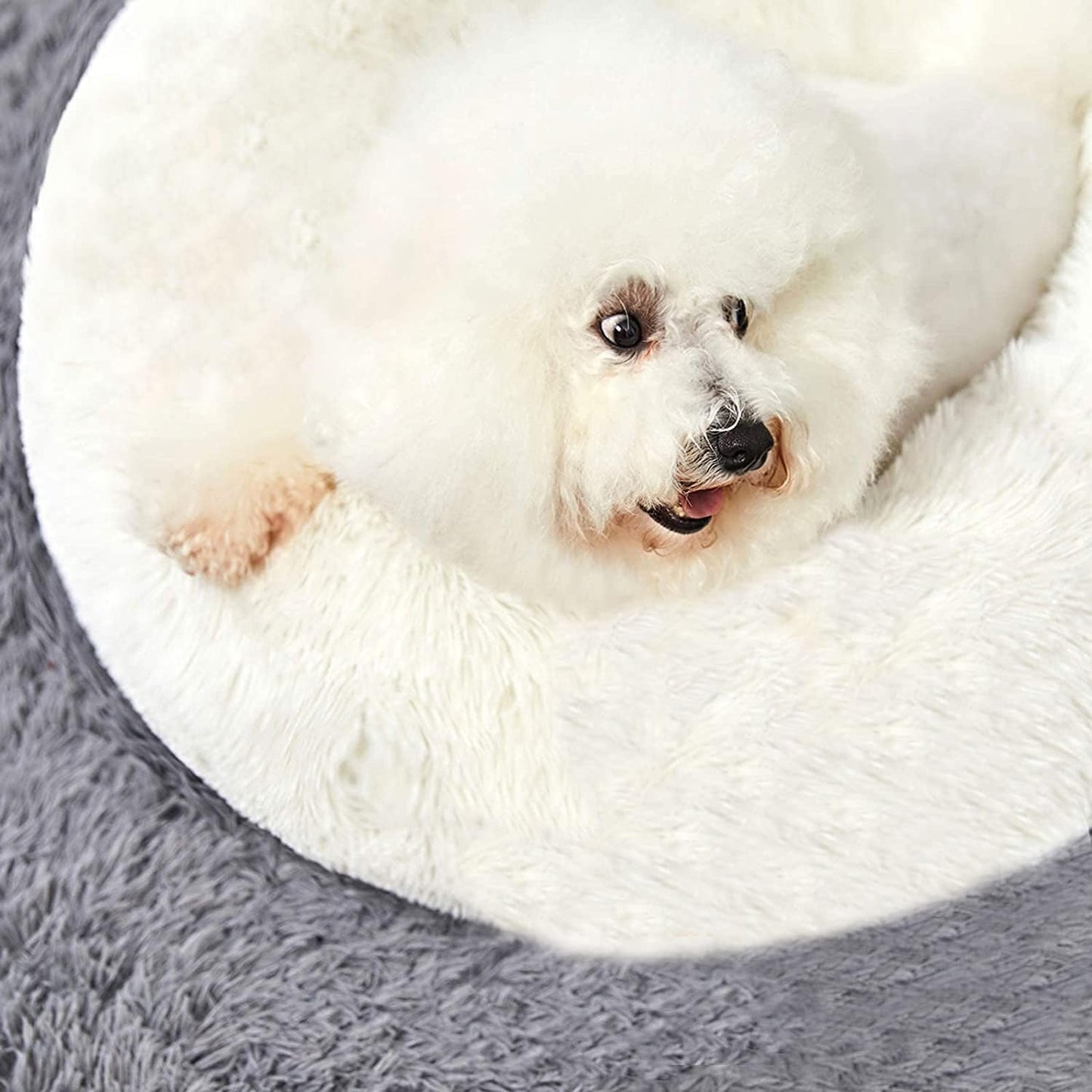 Calming Donut Cuddler Dog Bed, round Fluffy Pet Bed for Small Dogs,Washable, Large, White, 24''
