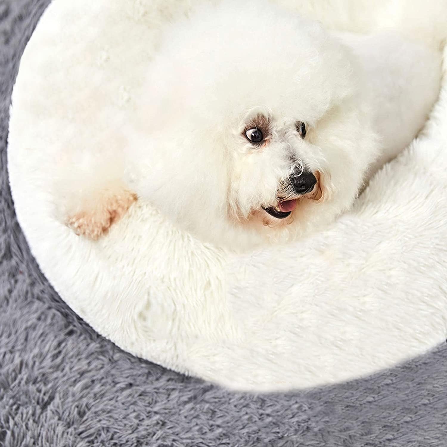 Calming Donut Cuddler Dog Bed, round Fluffy Pet Bed for Small Dogs,Washable, Large, White, 24''